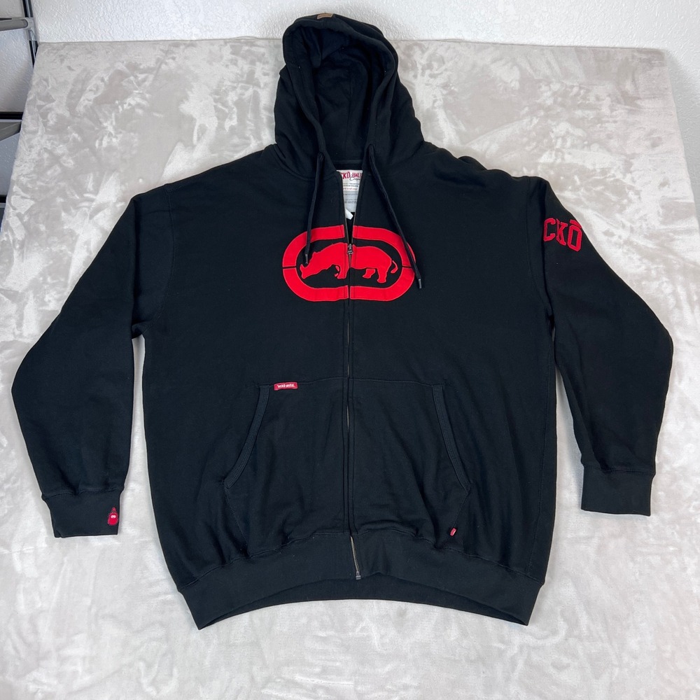 Ecko Unltd Full Zip Hoodie Mens XL Black Cotton Blend Rhino Logo Streetwear Y2K